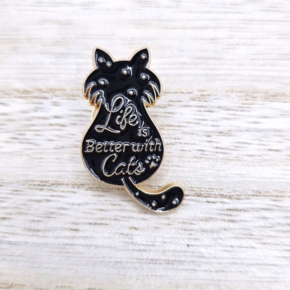 Life Is Better With Cats Black Enamel Lapel Pin Backpack Tote Bag Purse Gift